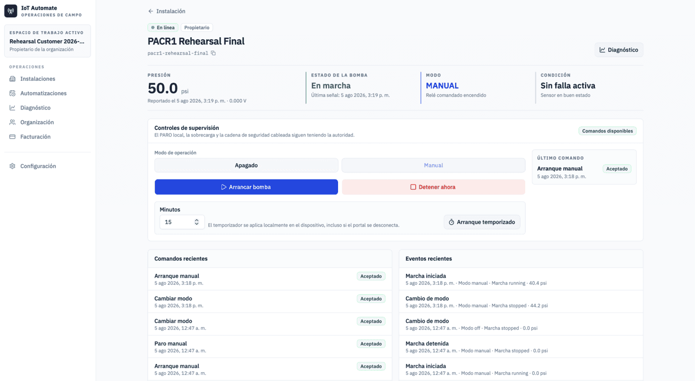 Portal de IoT Automate mostrando un equipo PACR1: presión, estado de la bomba, modo, condición y controles de supervisión.